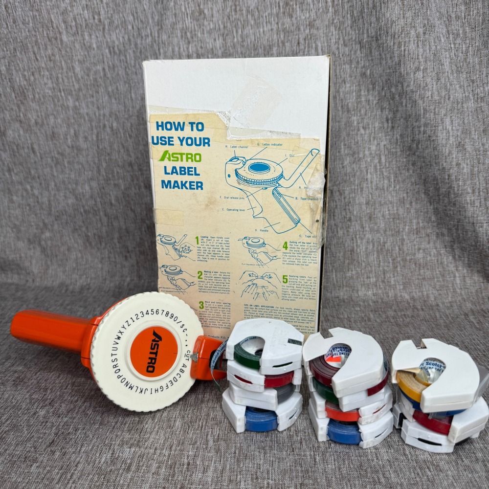 Vintage Astro Label Maker Orange Handheld Embosser with 12 Scotch Tape Refills